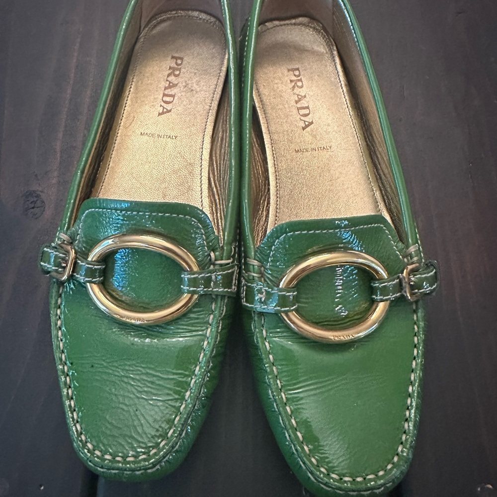 Prada Green Leather Loafers with Gold Ring Detail